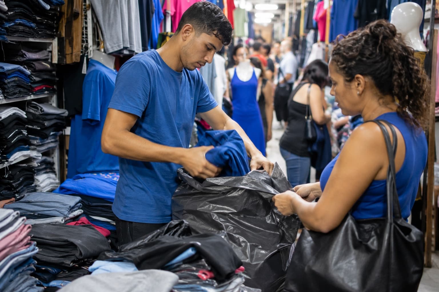 Vendedor de camiseta azul dobrando roupas e enchendo uma sacola grande para uma sacoleira num box estreito de um shopping popular movimentado