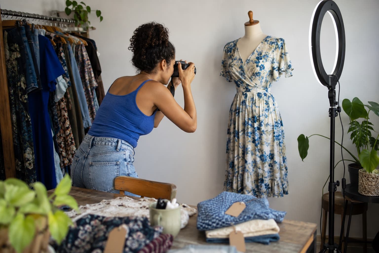 Jovem de blusa azul fotografando um vestido floral vintage em um manequim com ring light, ao lado de araras de roupas de segunda mão etiquetadas