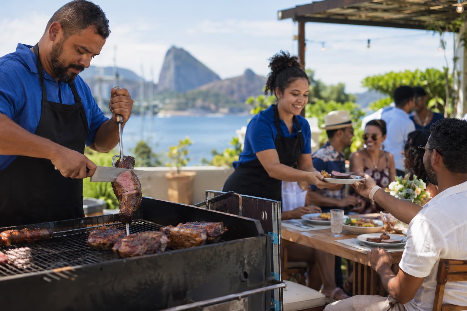 Equipe de churrasco servindo em uma festa ao ar livre, com o churrasqueiro fatiando picanha em uma churrasqueira móvel enquanto o garçom serve os convidados