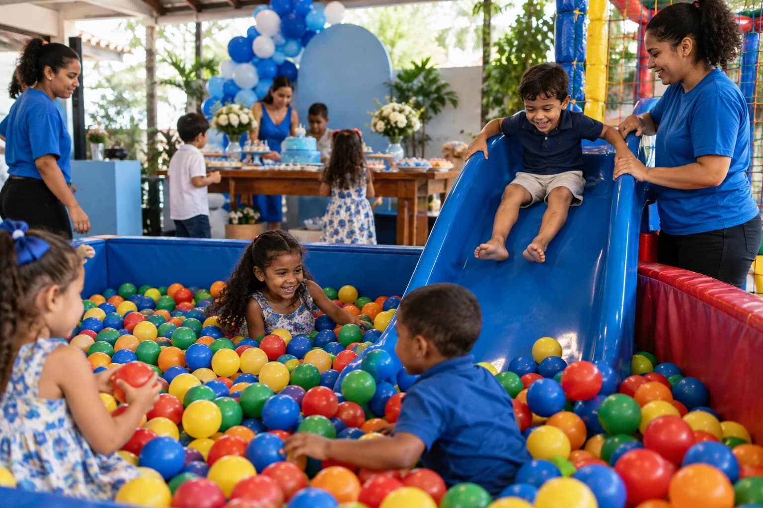 Casa de festas infantil com crianças na piscina de bolinhas e escorregador, monitores de camiseta azul e mesa de bolo ao fundo