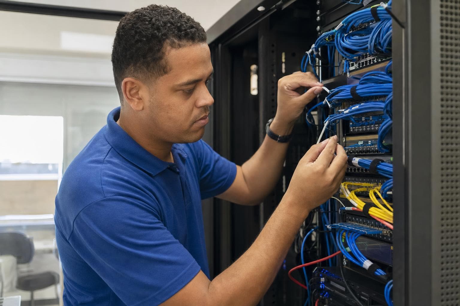 Técnico organizando cabos de rede em um rack de telecomunicações