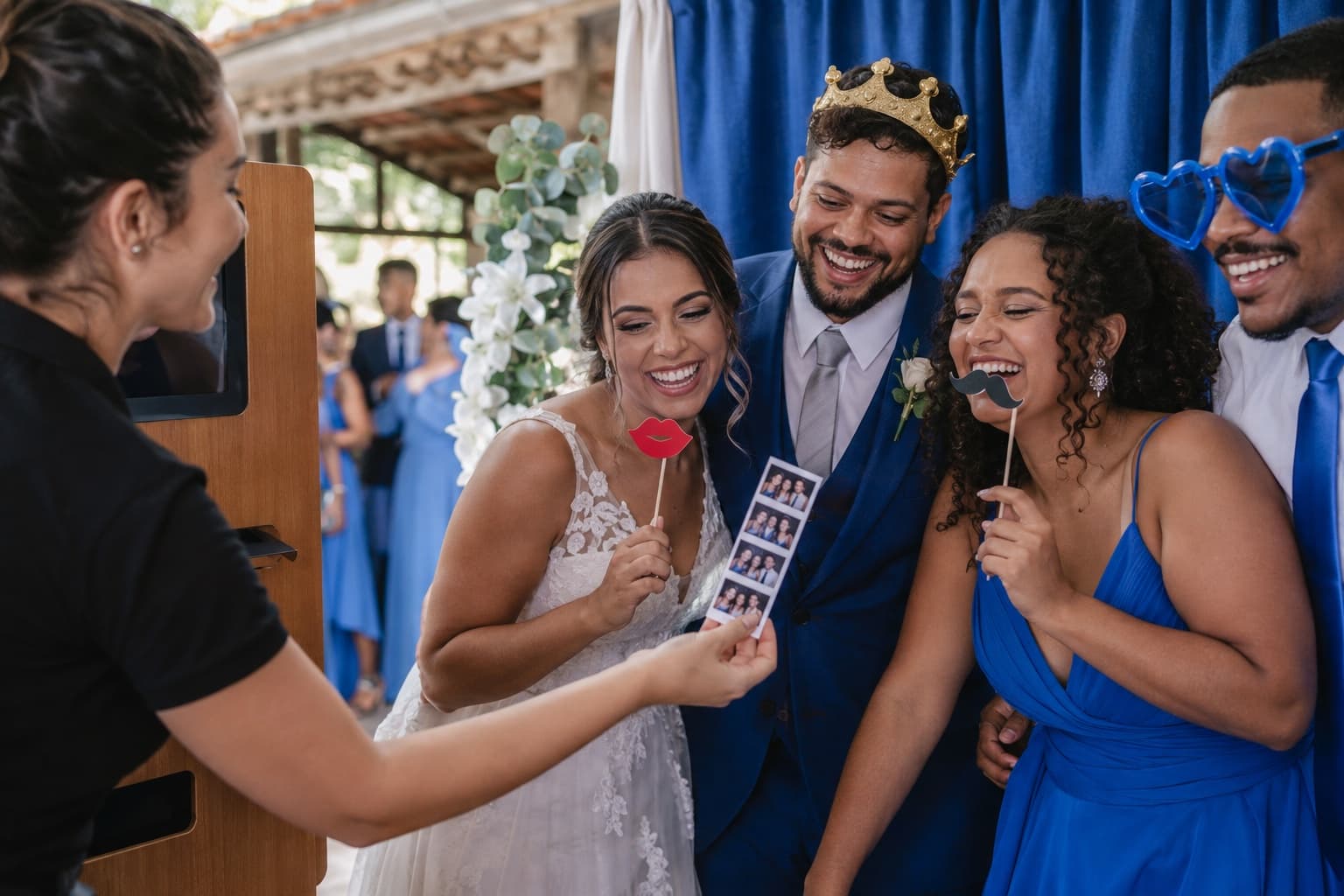 Convidados de casamento rindo com plaquinhas diante do fundo de uma cabine de fotos enquanto a atendente entrega uma tira impressa