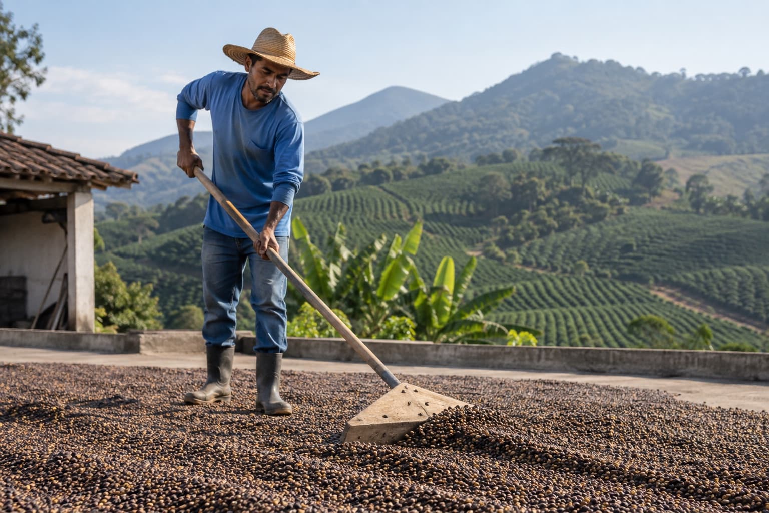 Cafeicultor revolvendo grãos de café secando no terreiro com a lavoura nas montanhas ao fundo