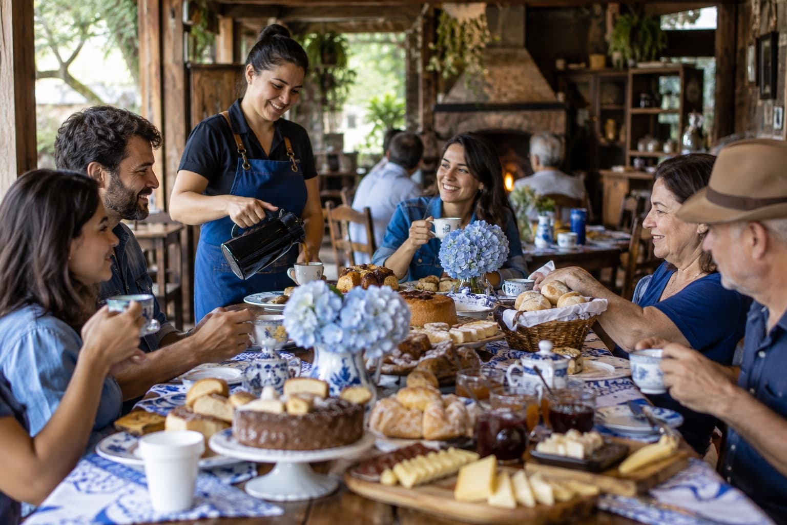 Mesa longa de café colonial com cucas, pães, queijos, geleias e bules de café num salão rústico, com uma atendente de avental azul repondo travessas