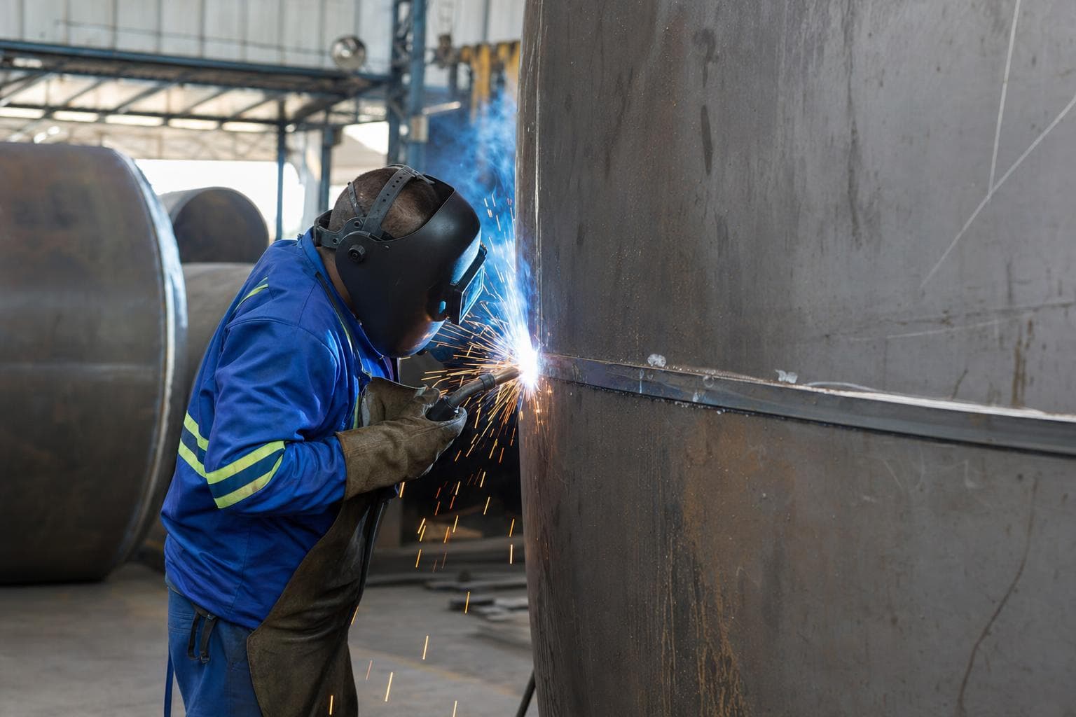 Caldeireiro soldando um tanque de aço carbono em um galpão industrial com chapas calandradas ao redor