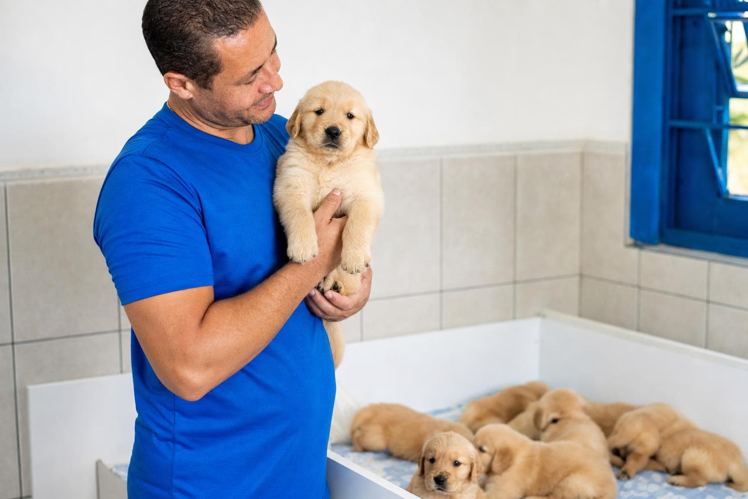 Criadora segurando um filhote de golden retriever ao lado da ninhada em um canil