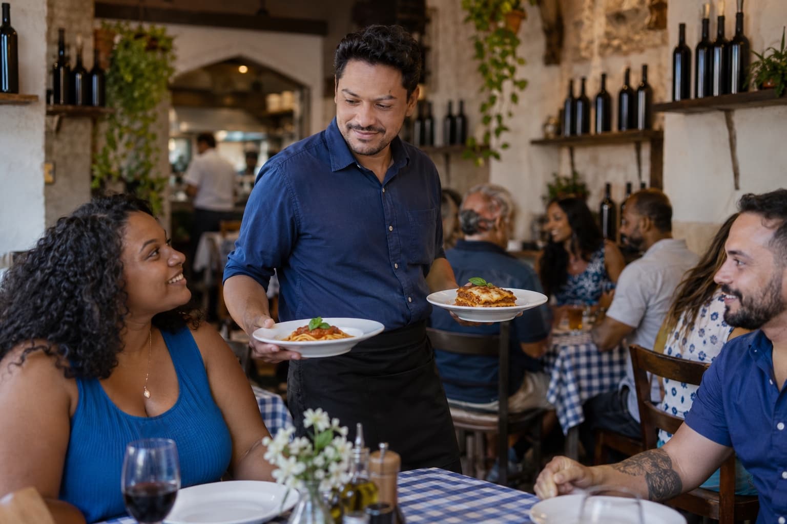 Garçom de colete azul carregando pratos de massa e lasanha em uma cantina italiana tradicional com toalhas xadrez e garrafas de vinho nas paredes