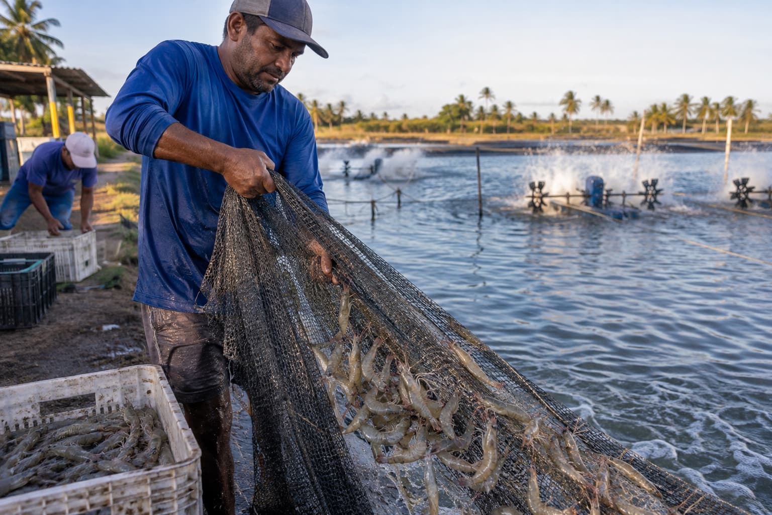 Carcinicultor de camisa azul puxando tarrafa com camarões frescos na borda de viveiro de fazenda de camarão no Nordeste, com aeradores na água