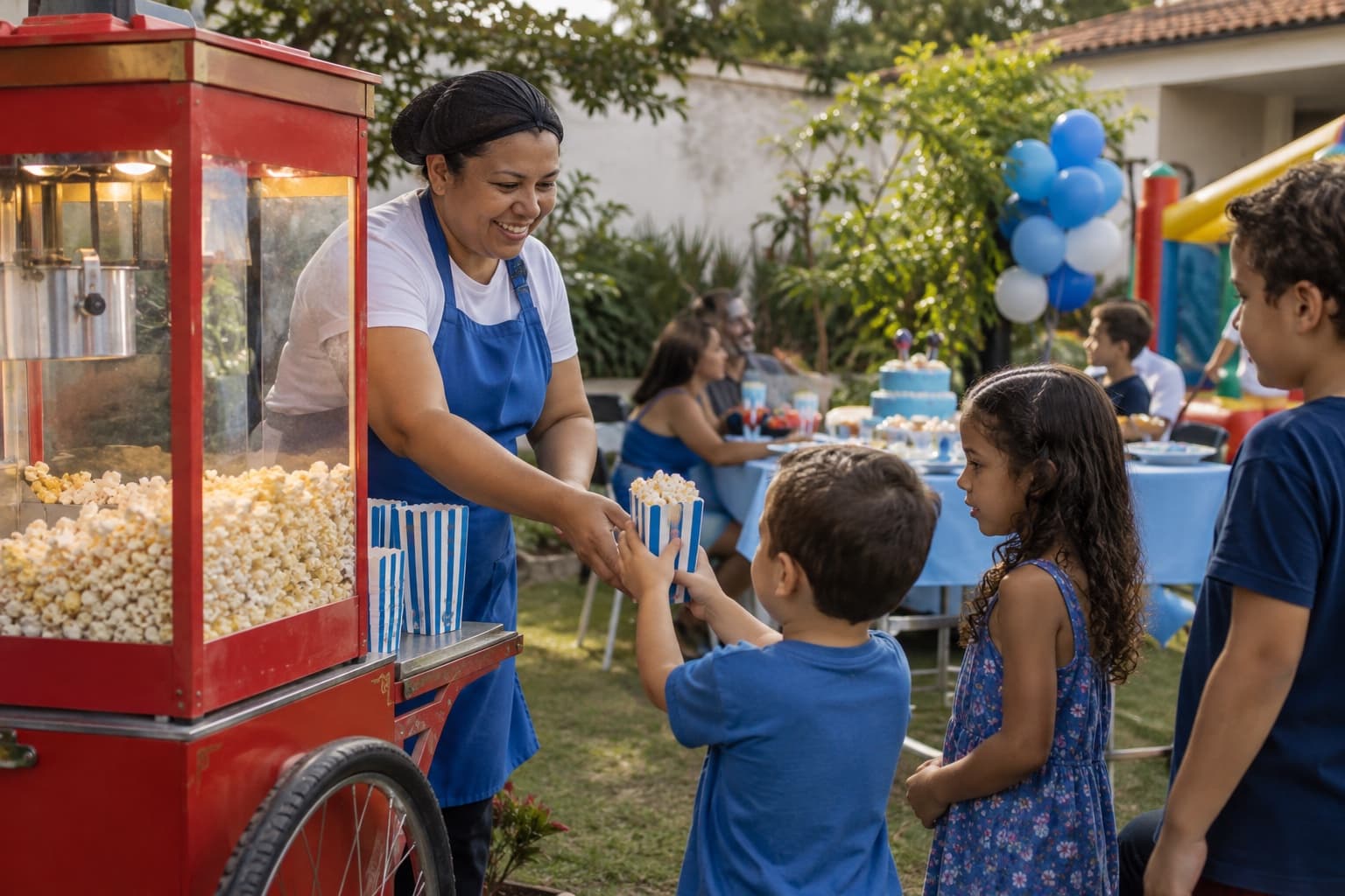 Atendente de avental azul servindo pipoca em carrinho vermelho estilo antigo para crianças numa festa de aniversário em quintal