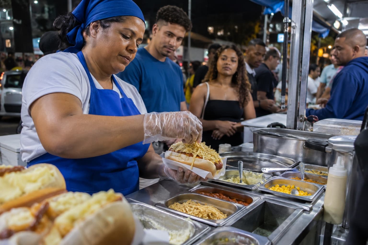 Atendente de boné azul montando cachorros-quentes com purê e batata palha no balcão de uma casa de hot dog à noite, com clientes esperando