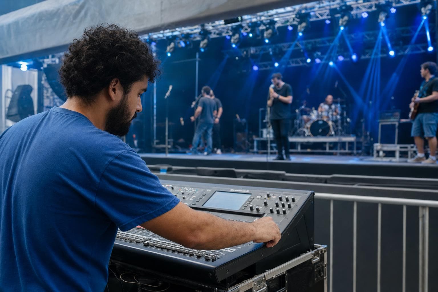 Técnico de som ajustando a mesa de som durante a passagem de som de uma banda