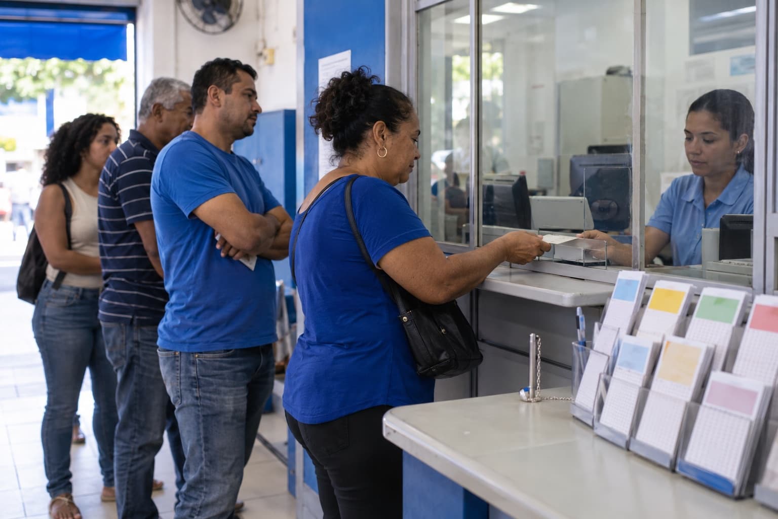 Clientes em fila curta no balcão de uma lotérica enquanto a atendente atrás do vidro processa um pagamento, com volantes de aposta no balcão lateral