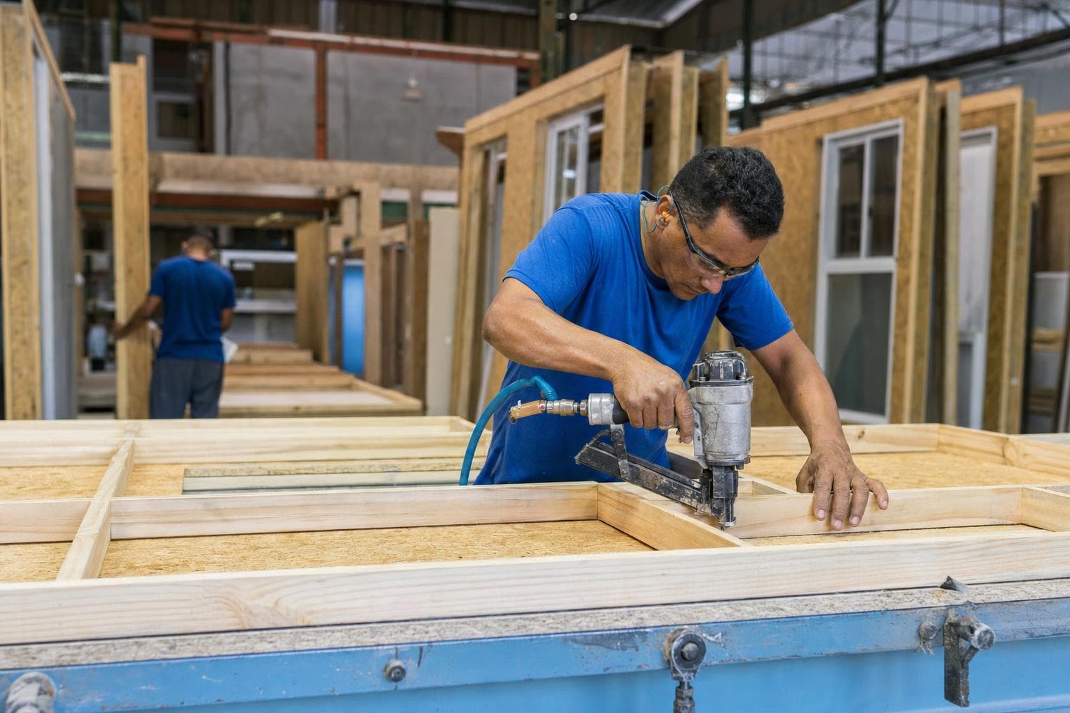 Carpinteiro montando painel de parede de madeira em uma fábrica de casas pré-fabricadas