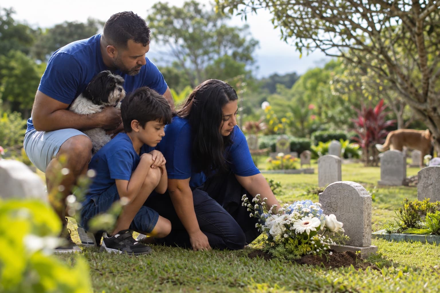 Família colocando flores num pequeno túmulo num cemitério de animais arborizado, com lápides baixas e grama aparada