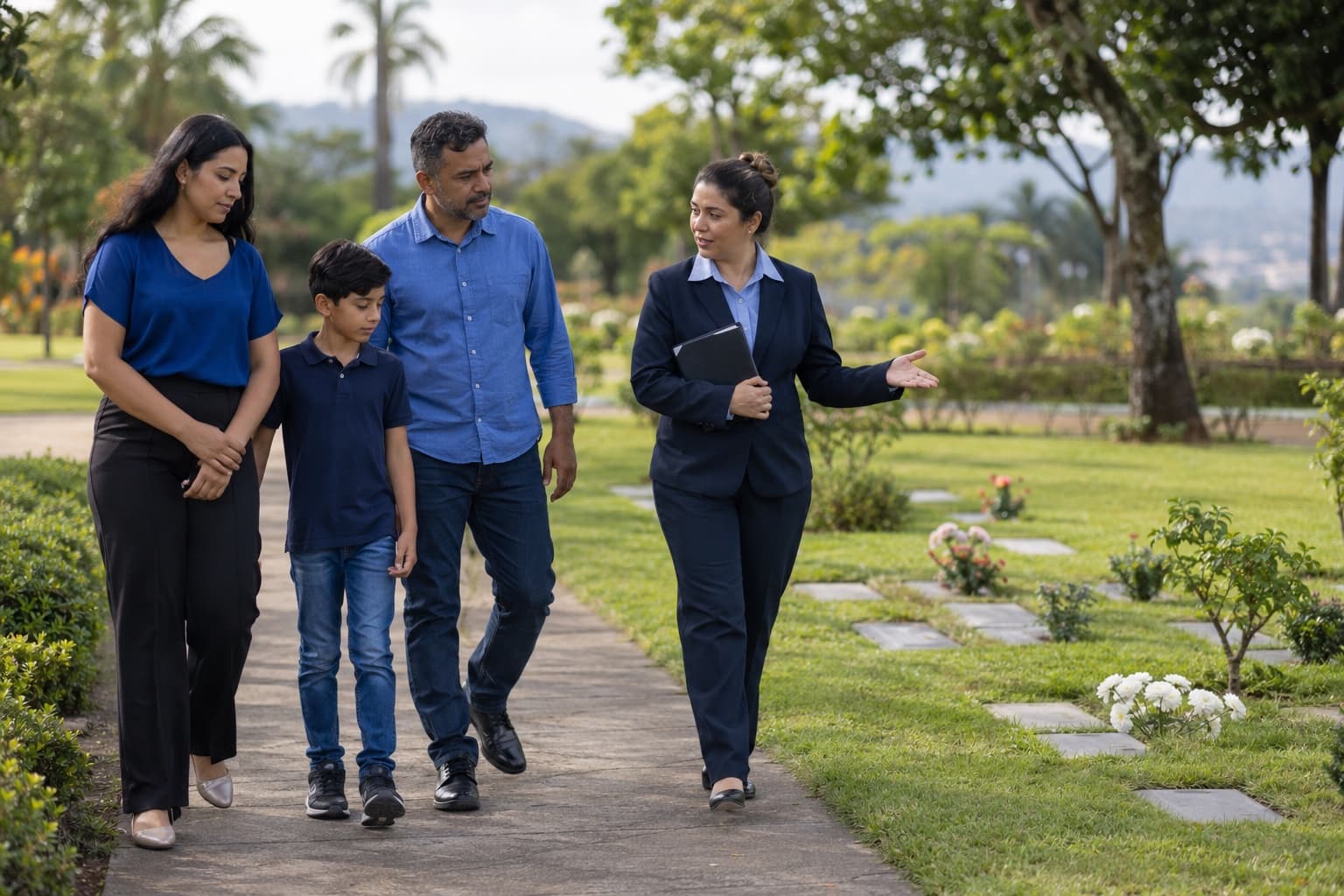 Funcionário de cemitério-parque caminhando com uma família por alamedas de grama e árvores com placas de pedra lisas no chão