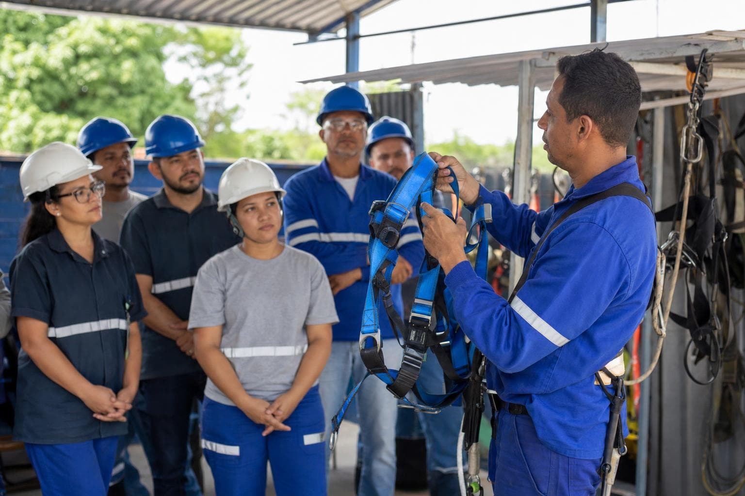 Instrutor demonstrando o uso de cinto de segurança para trabalho em altura a uma turma