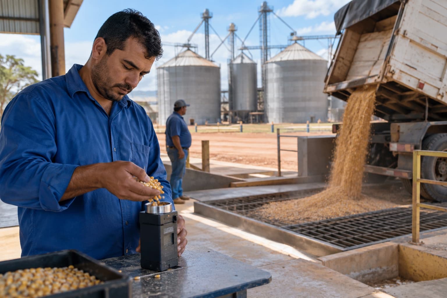 Funcionário de camisa azul medindo a umidade de uma amostra de milho no recebimento de um cerealista, com caminhão descarregando na moega e silos ao fundo