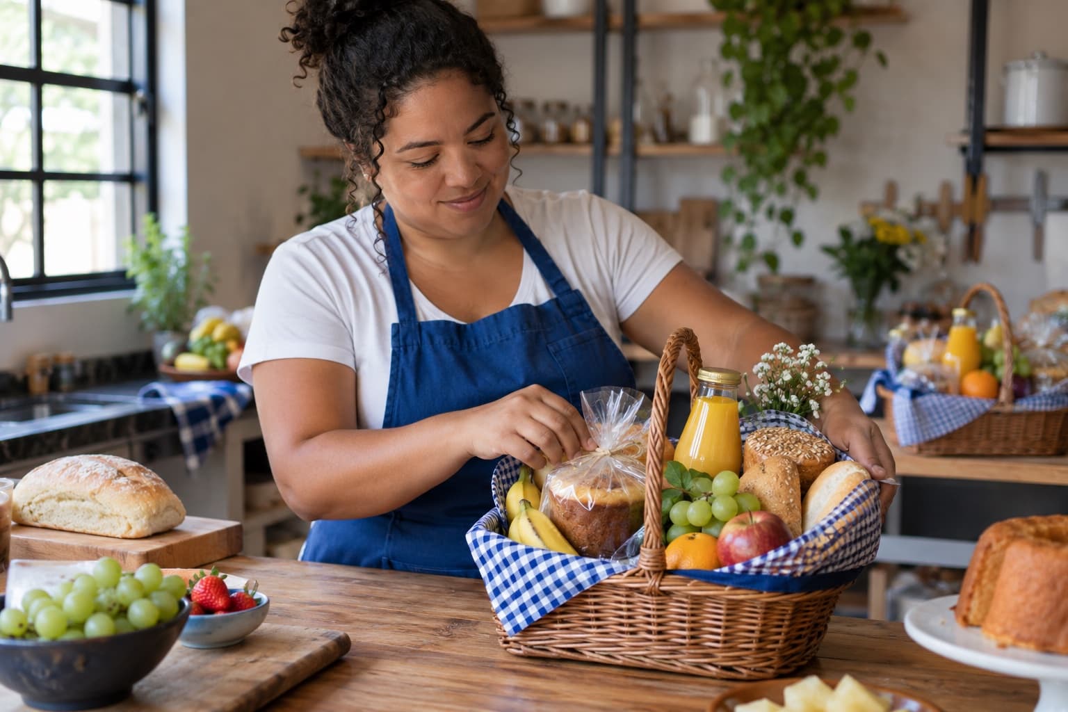 Mulher de avental azul montando uma cesta de café da manhã com pães, frutas, suco e bolo numa cozinha de pequeno negócio