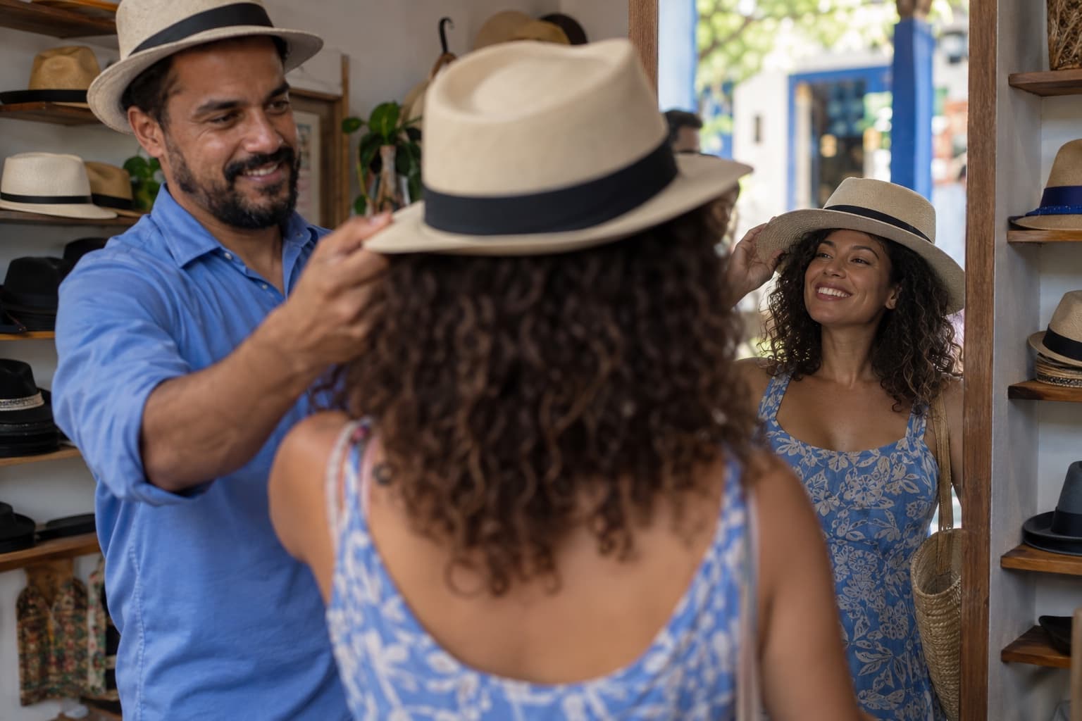 Atendente de camisa azul ajudando uma cliente a experimentar um chapéu panamá de palha diante do espelho numa chapelaria com chapéus expostos nas prateleiras