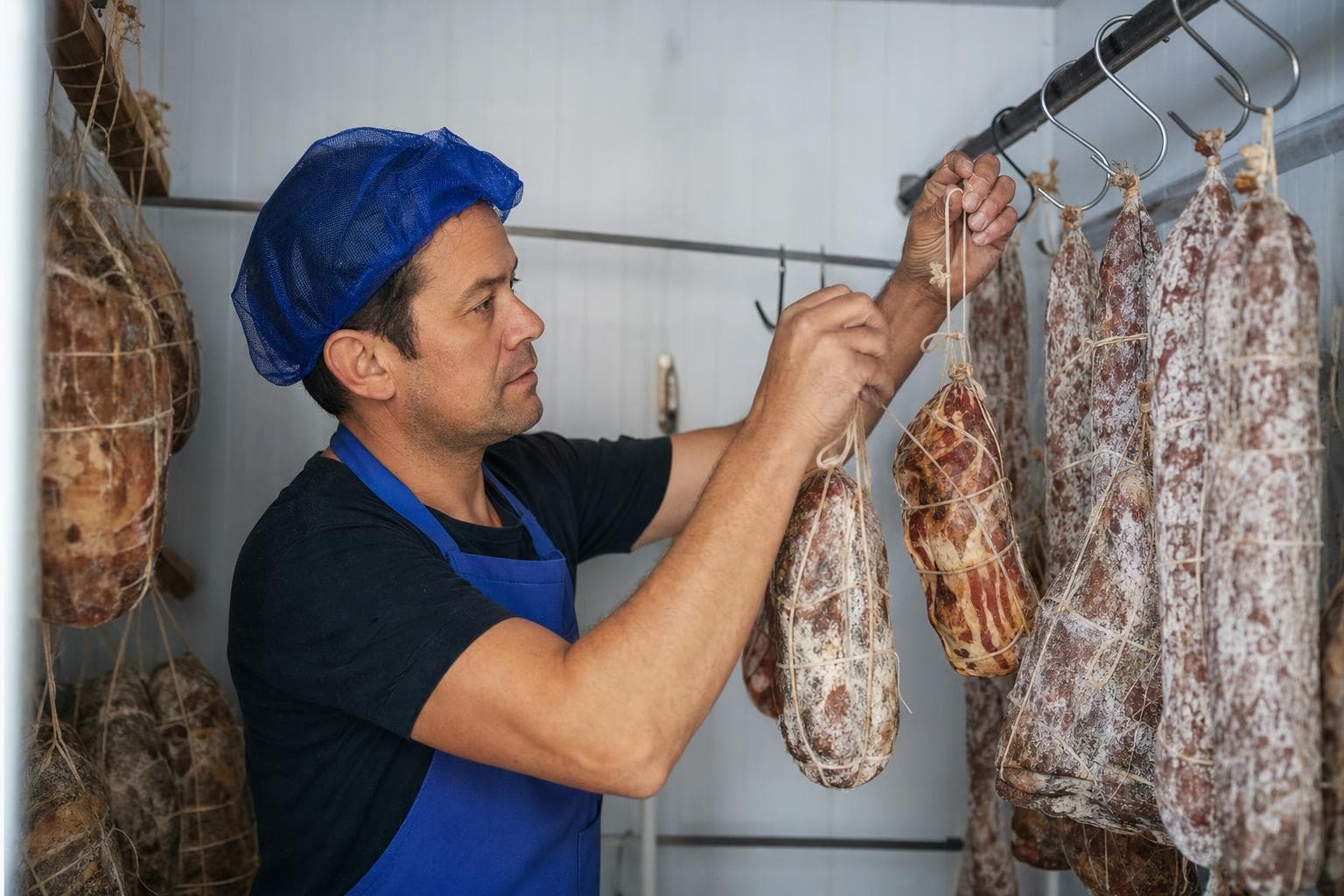 Charcuteiro pendurando peças de copa e salame para cura em uma câmara de maturação