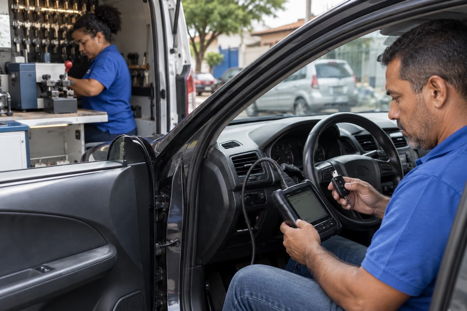 Chaveiro de camisa azul programando uma chave de carro com aparelho de diagnóstico ligado ao painel, com máquina de corte de chaves na bancada de uma van