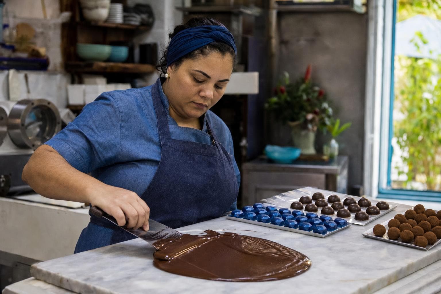 Chocolateira temperando chocolate na pedra de mármore em uma chocolateria artesanal