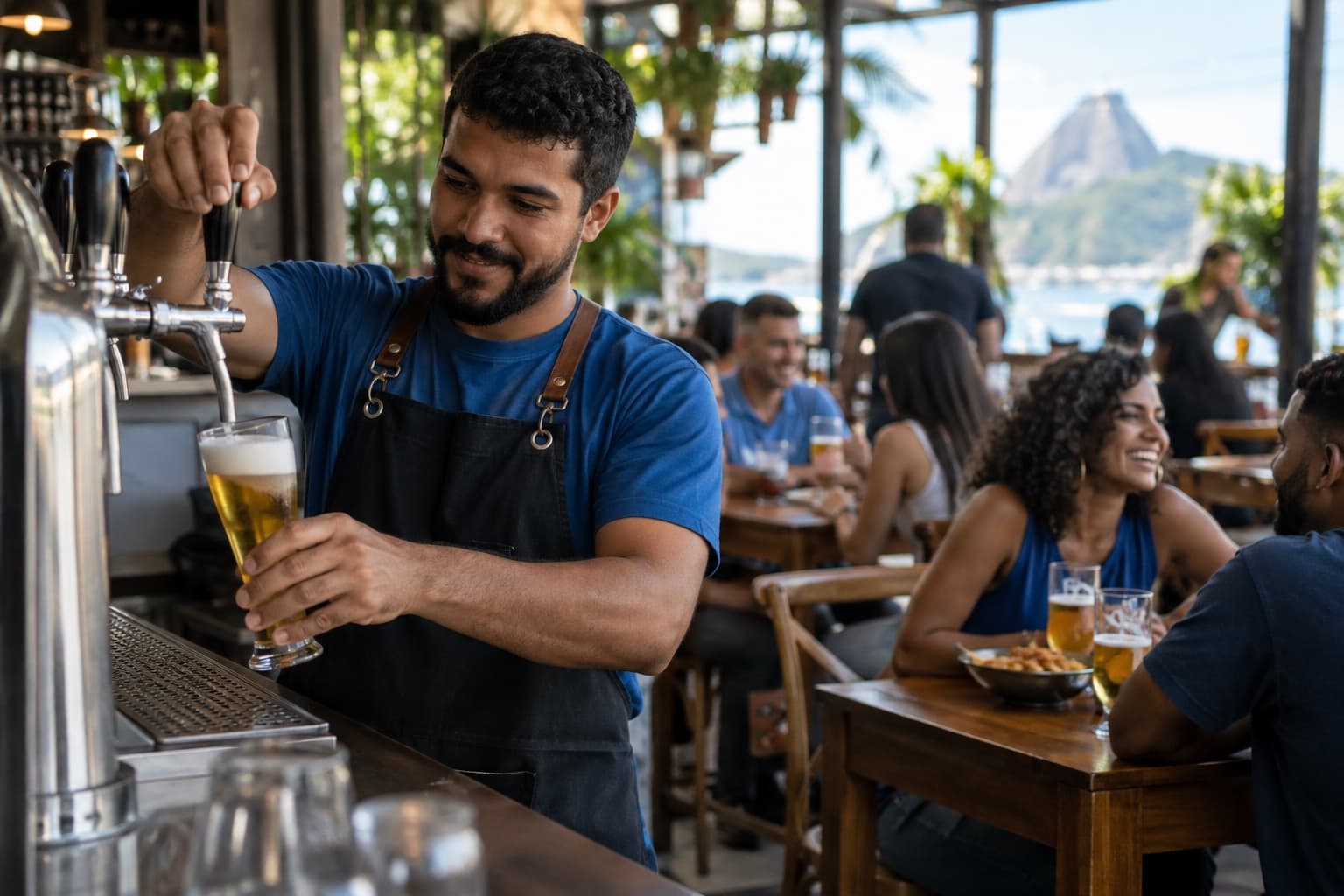 Bartender de camisa azul tirando chope da chopeira para uma torre em uma choperia movimentada, com clientes em mesas de madeira ao fundo