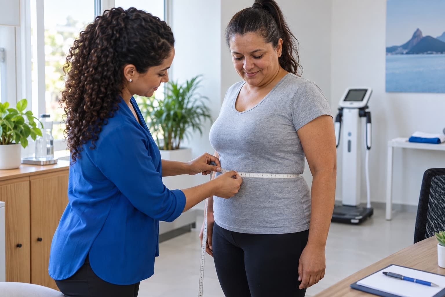 Nutricionista de blusa azul medindo a cintura de uma paciente com fita métrica em consultório de clínica de emagrecimento, com balança de bioimpedância ao fundo