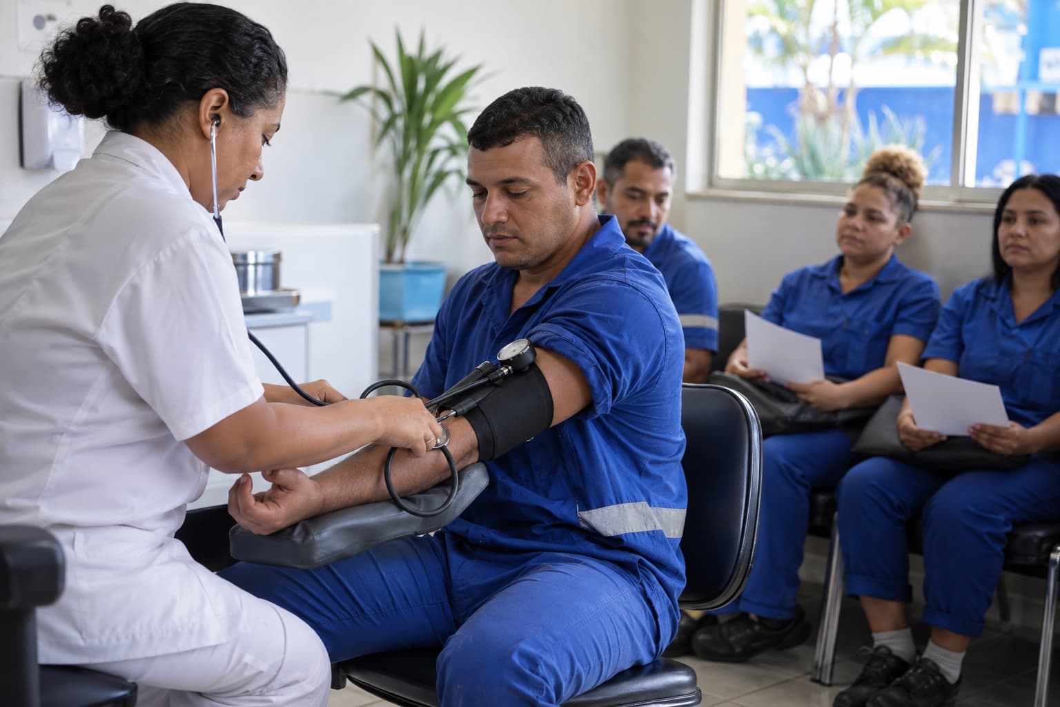 Enfermeira medindo a pressão de um trabalhador de uniforme azul enquanto outros funcionários aguardam com formulários na sala de espera da clínica ocupacional