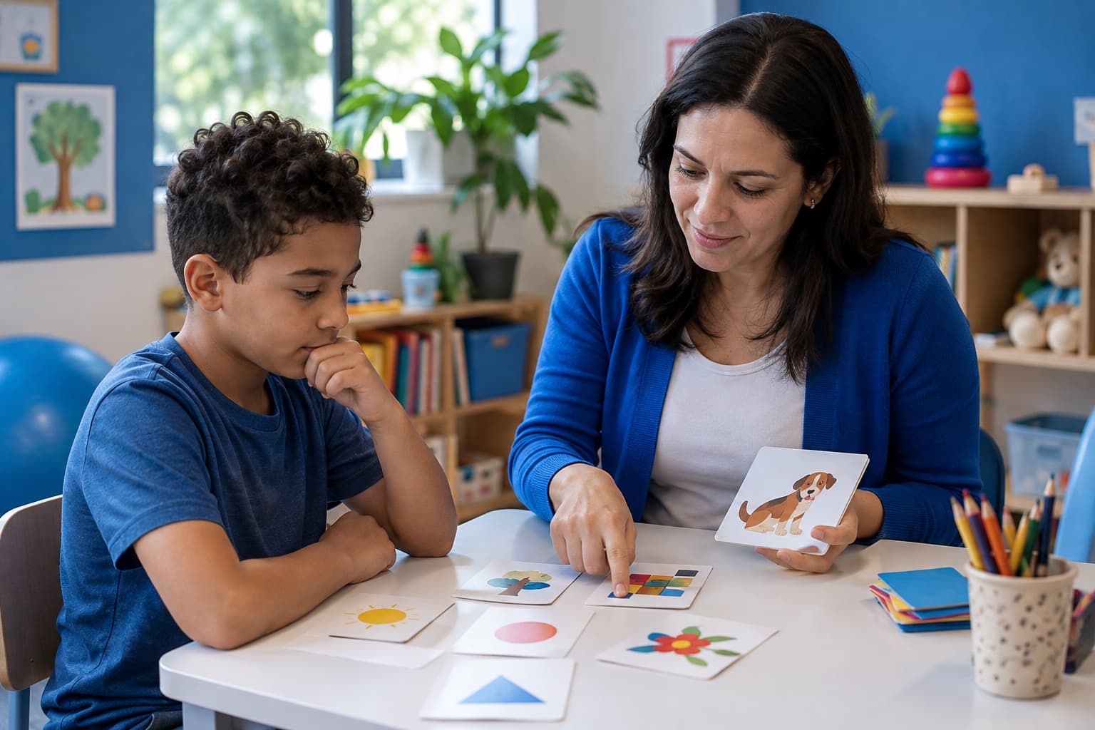 Psicopedagoga de cardigã azul trabalhando com uma criança de dez anos com cartas de leitura e lógica em mesa pequena de sala colorida