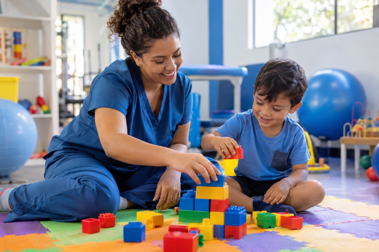 Terapeuta sentada num tapete colorido brincando de blocos de montar com uma criança pequena numa sala de terapia