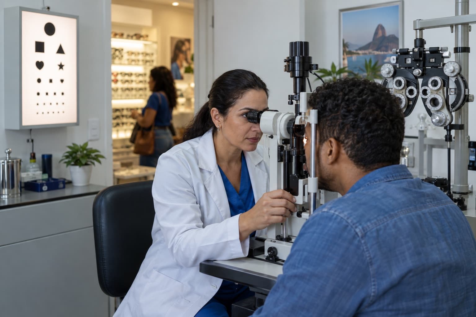 Oftalmologista examinando os olhos de uma paciente na lâmpada de fenda, com refrator e outros aparelhos ao fundo e um expositor de armações visto pela porta