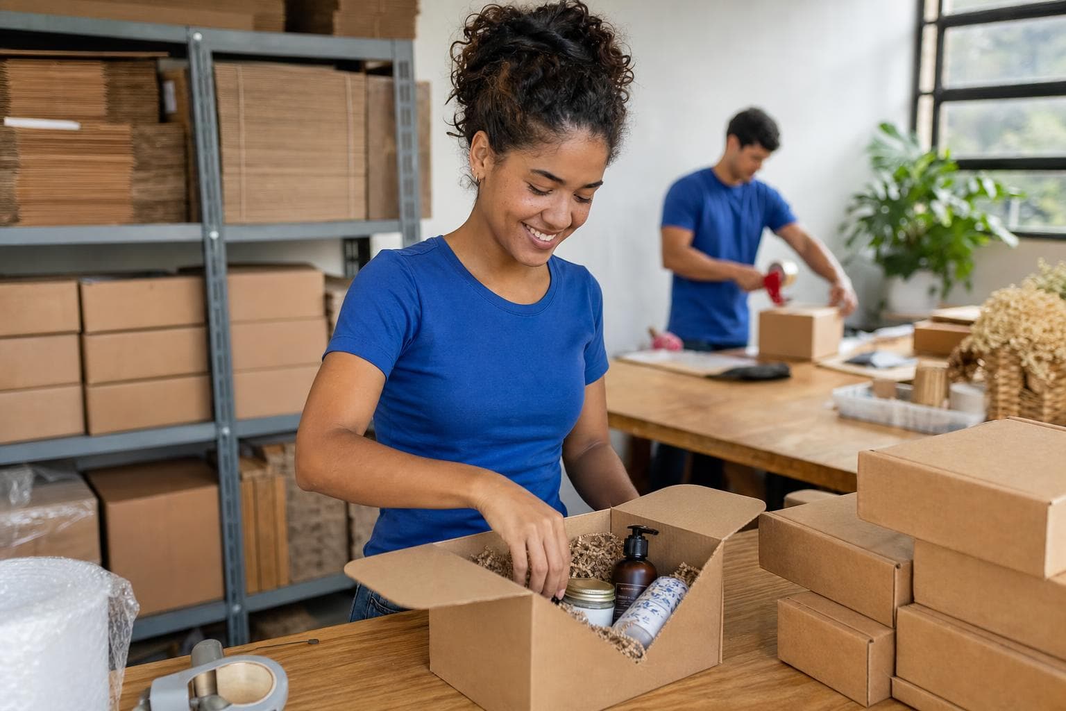 Funcionária montando caixas de assinatura com produtos em uma bancada de expedição