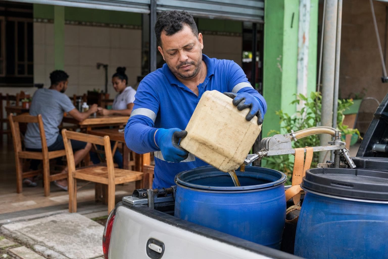 Coletor despejando óleo de cozinha usado de uma bombona para um tambor na carroceria de uma picape