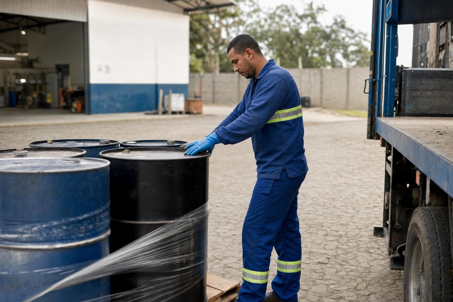 Motorista de caminhão de coleta conferindo tambores de resíduos industriais antes de carregar