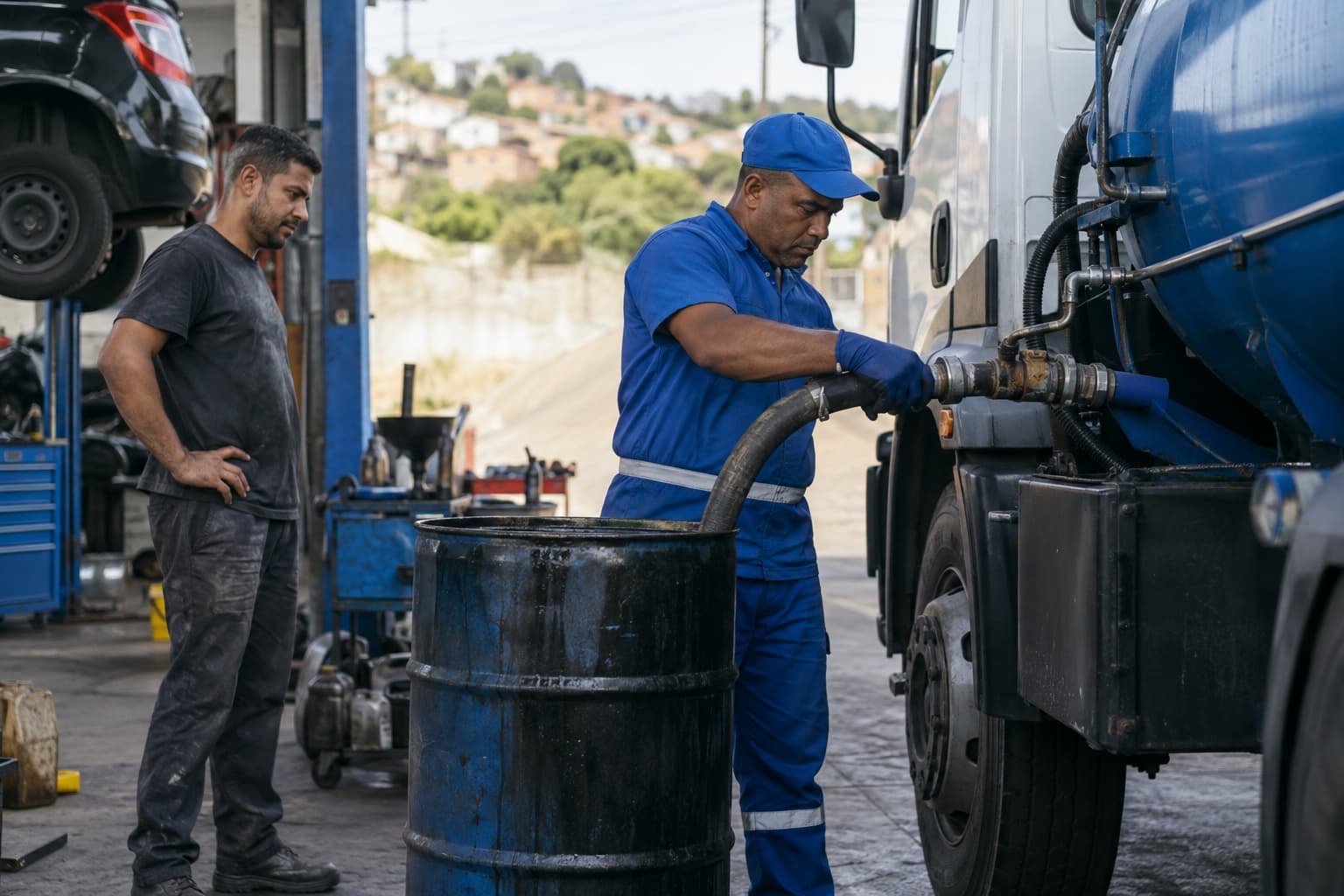 Coletor de uniforme azul bombeando óleo usado de um tambor para o tanque do caminhão com mangueira numa oficina mecânica, com o mecânico observando