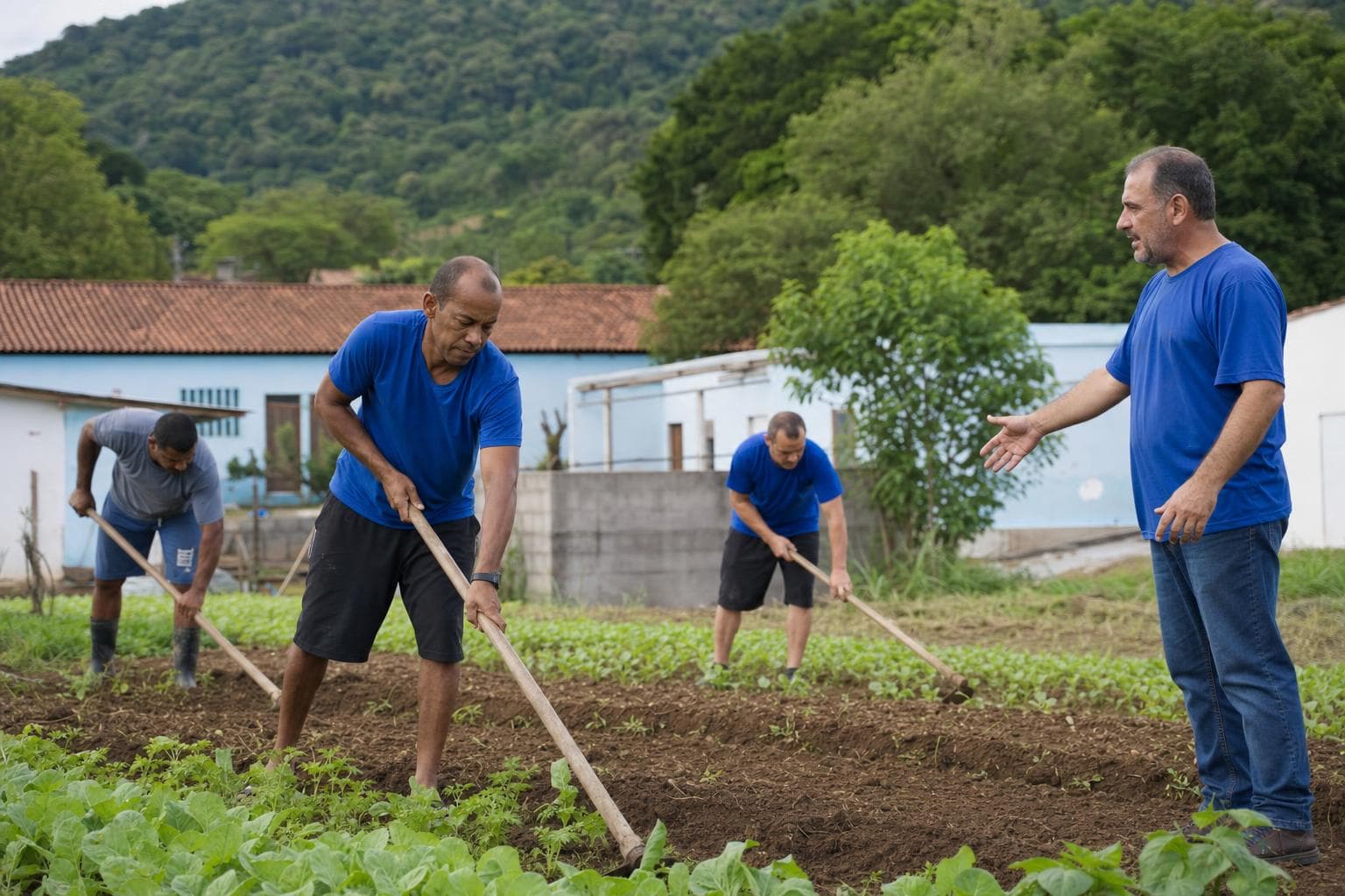 Residentes cuidando de uma horta em uma chácara de comunidade terapêutica