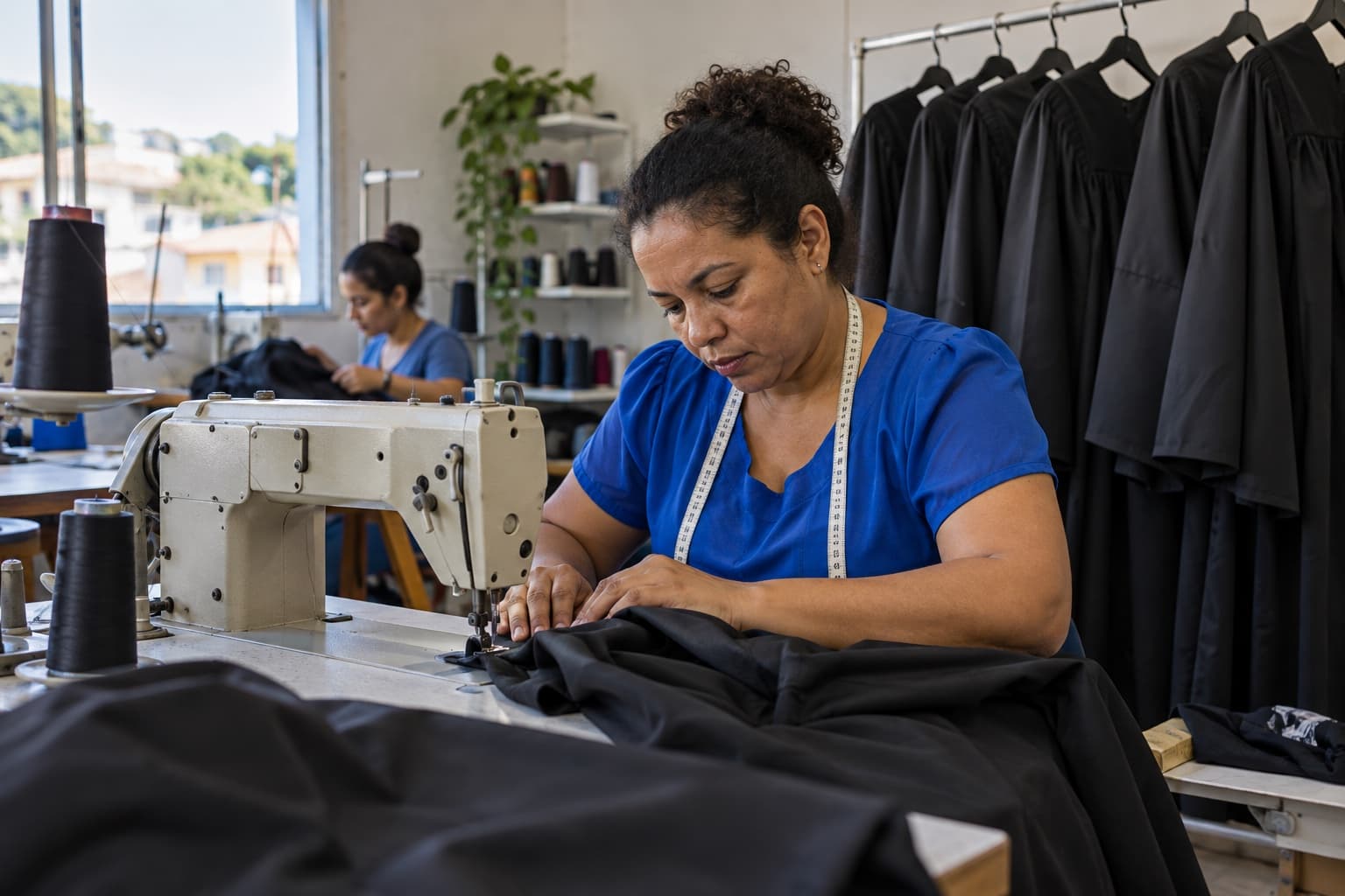 Costureira de blusa azul costurando uma beca preta de formatura numa máquina reta industrial, com becas penduradas numa arara ao fundo