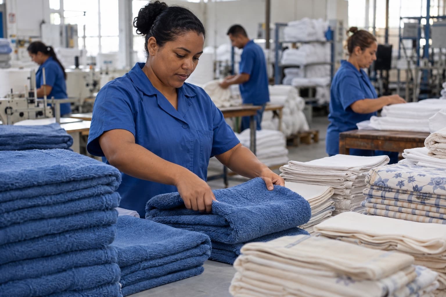 Trabalhador de uniforme azul dobrando toalhas felpudas ao lado de pilhas de lençóis e toalhas de mesa numa fábrica de têxteis para casa