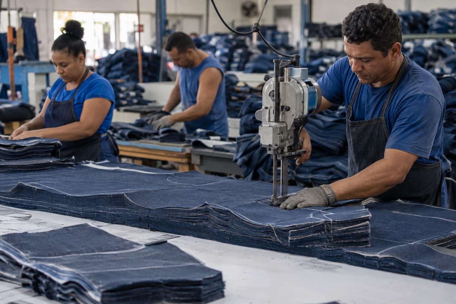 Trabalhadores cortando camadas de tecido denim com máquina de corte elétrica numa confecção com pilhas de calças jeans ao fundo