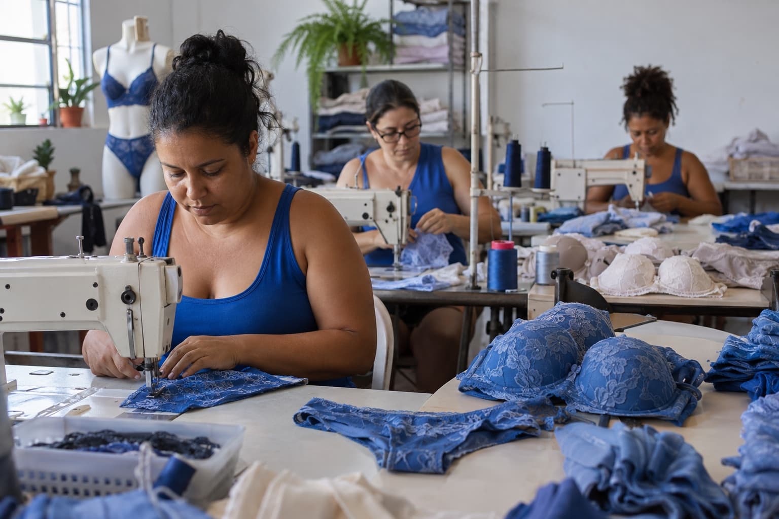 Costureiras montando peças de lingerie com renda numa oficina, com sutiãs e calcinhas organizados sobre a mesa