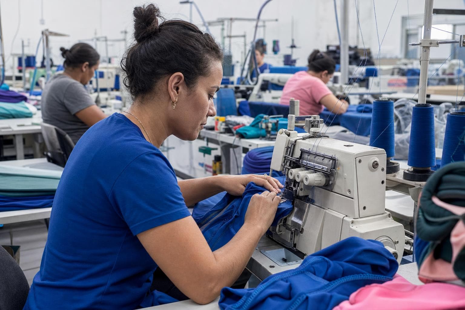 Costureira costurando uma legging em máquina galoneira com rolos de tecido colorido ao lado
