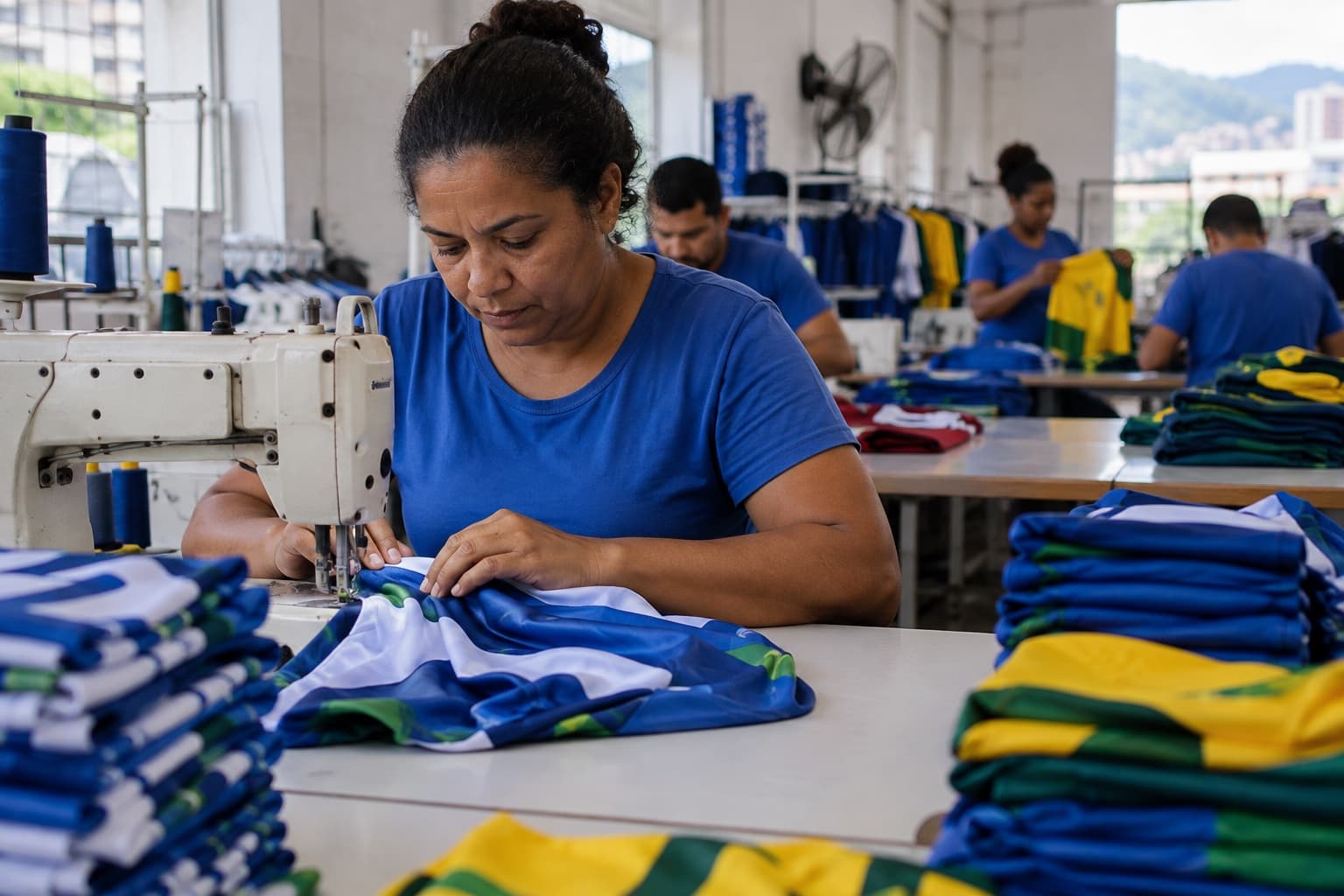 Costureira de camisa azul costurando uma camisa de futebol sublimada colorida, com pilhas de camisas numeradas sobre a mesa da confecção