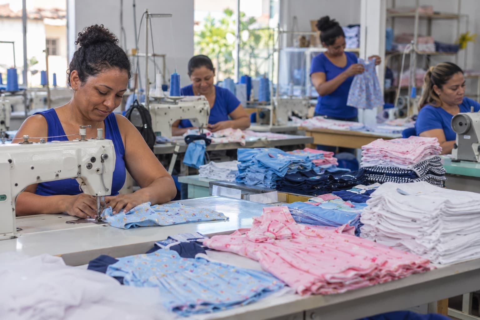 Costureiras produzindo roupas infantis coloridas com vestidinhos e camisetas organizados por tamanho sobre a mesa