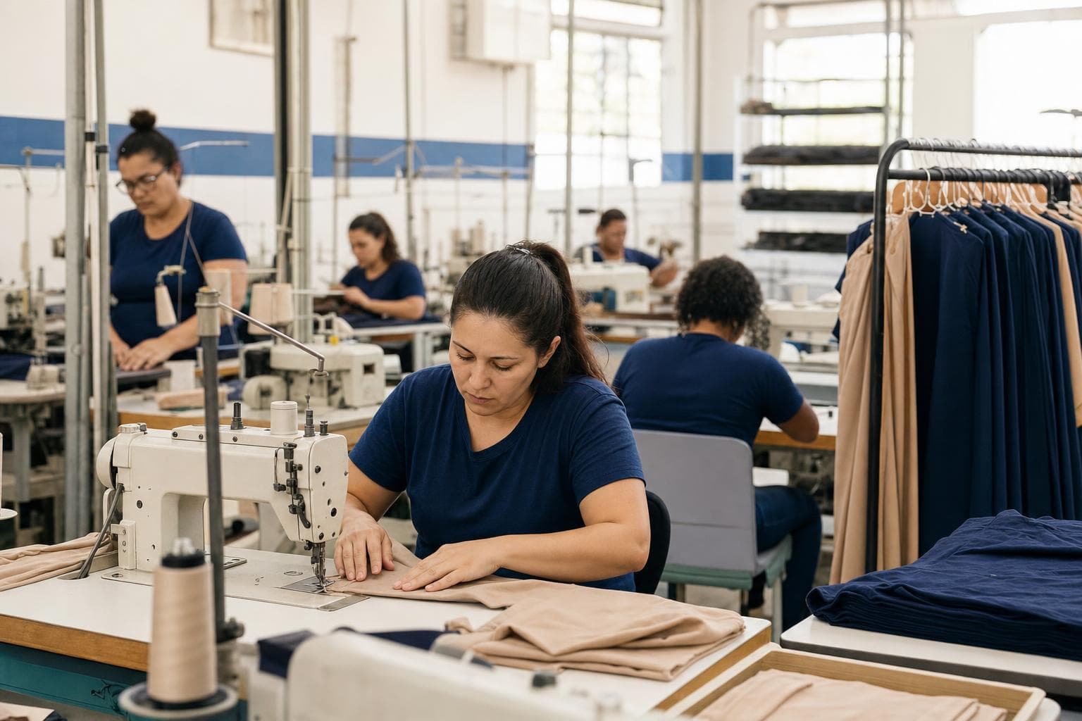 Costureira trabalhando em máquina industrial em uma confecção com peças cortadas sobre a mesa