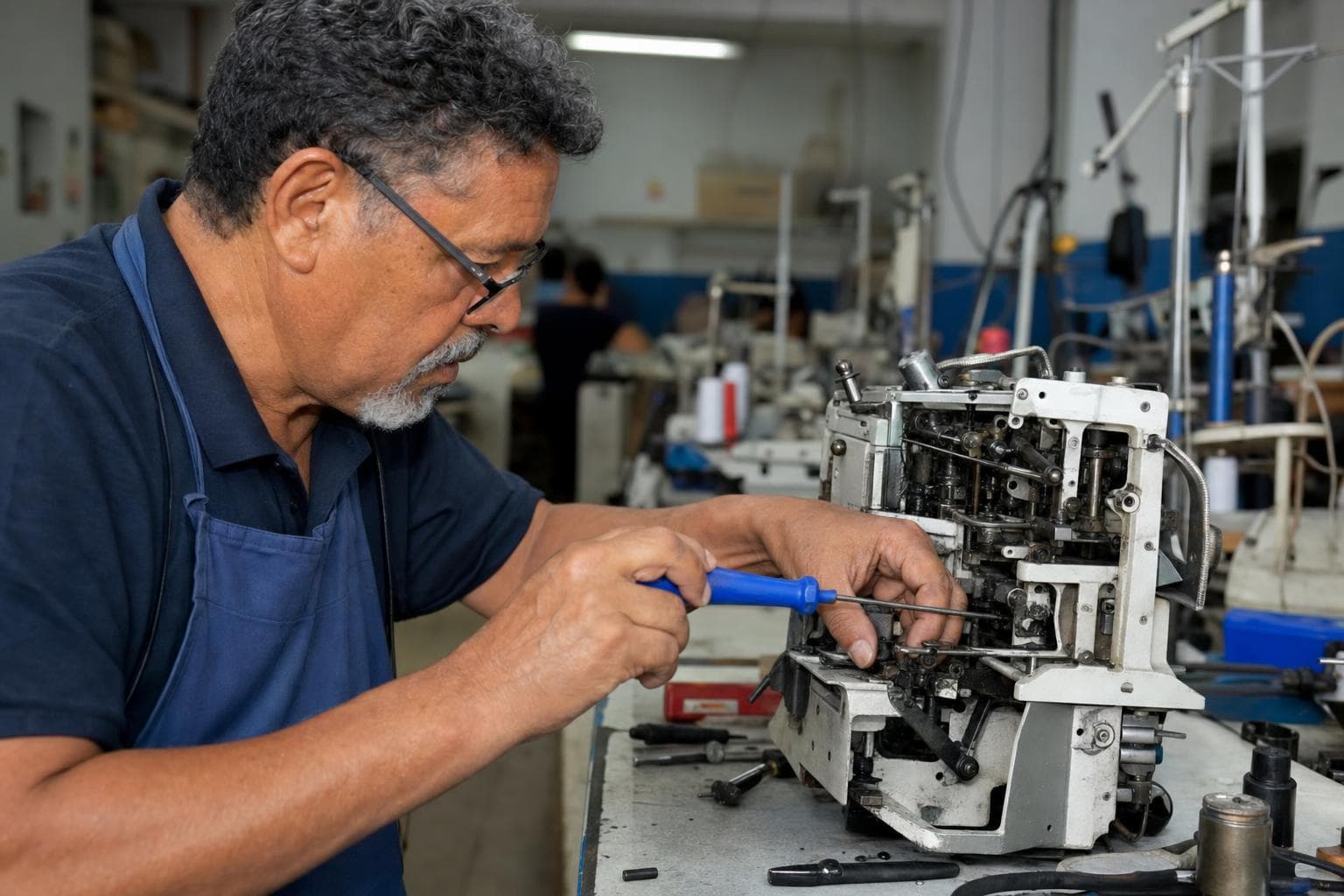 Mecânico ajustando o mecanismo de uma máquina de costura industrial na bancada