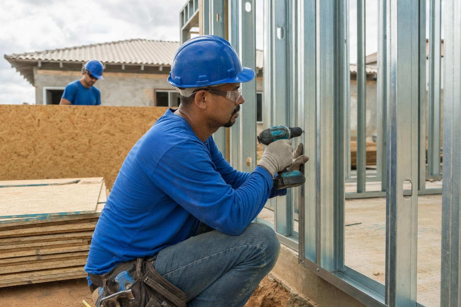 Montador parafusando perfis galvanizados de uma parede em steel frame em obra de casa térrea
