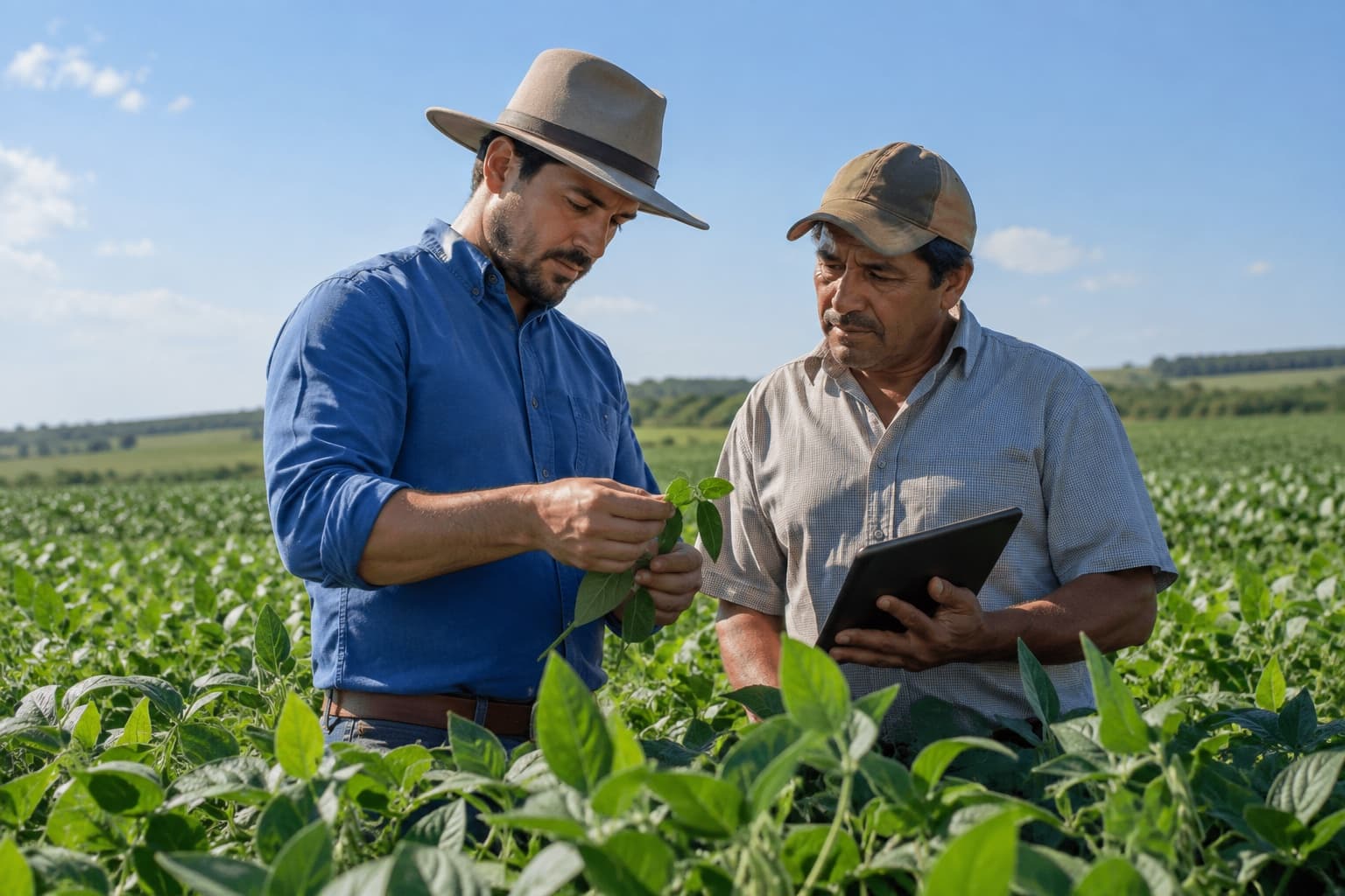 Agrônomo de camisa azul e chapéu examinando folhas de soja ao lado de um produtor em lavoura verde, segurando um tablet