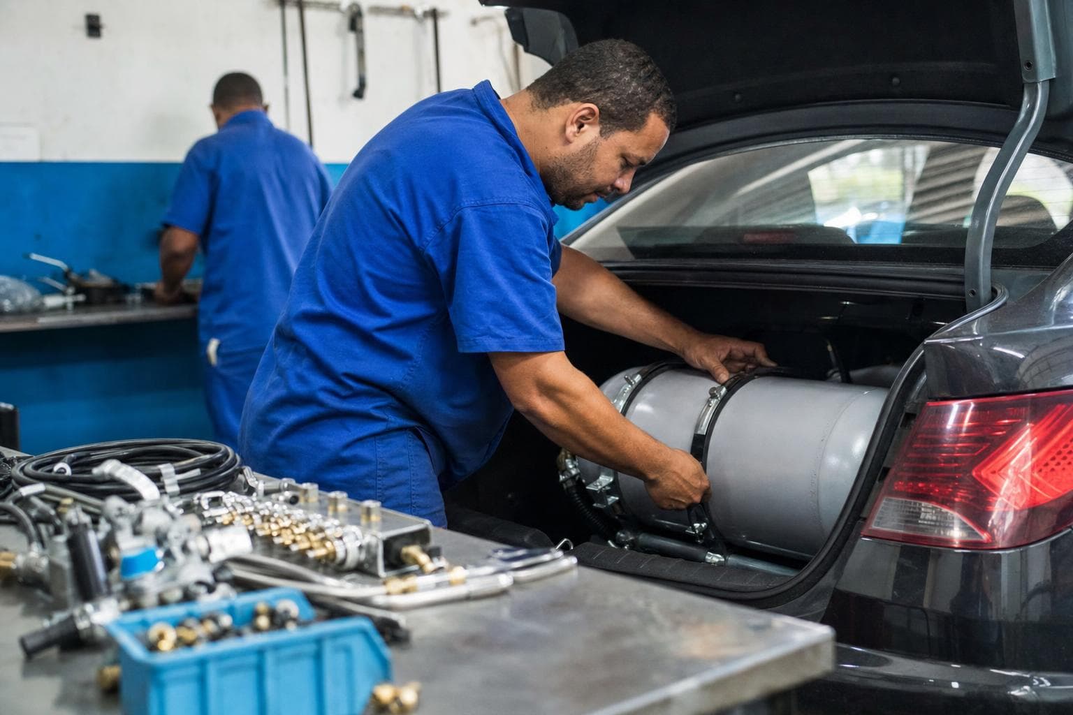 Mecânico fixando um cilindro de gás no porta-malas de um carro em oficina de conversão