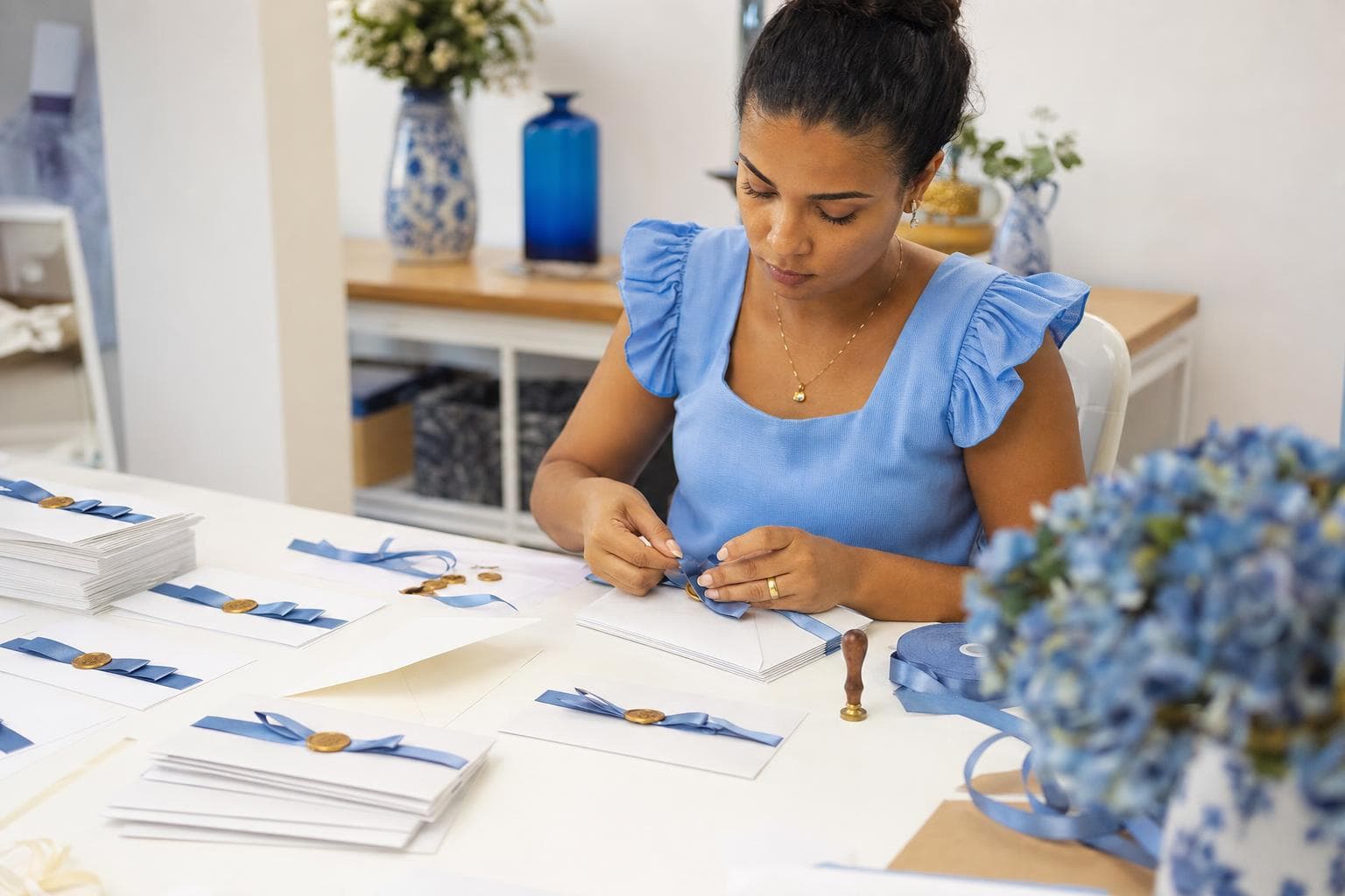 Designer montando convites de casamento com envelope perolado e fita de cetim sobre a mesa